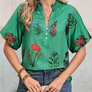THML S Floral Smocked V-Neck Blouse - Green